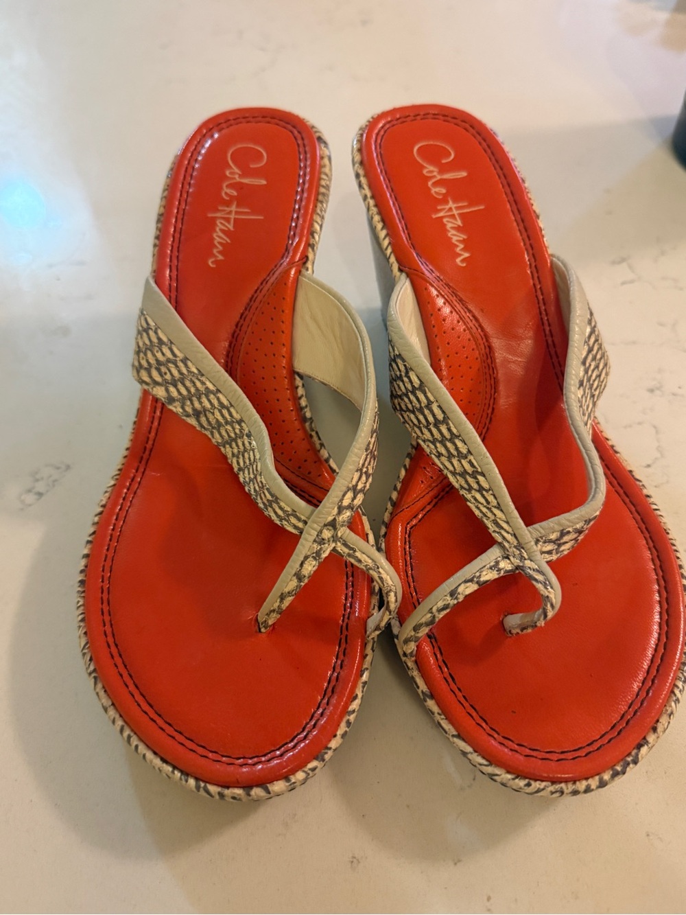 Cole Haan Orange Leather Thong Sandals with Braided Neutral Straps